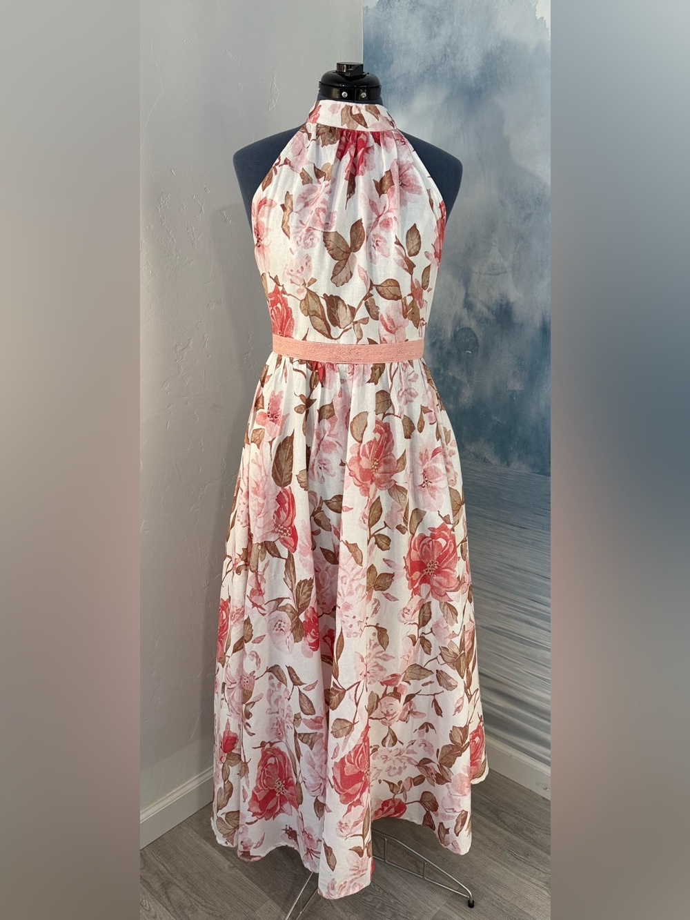 Floral Halter Pink & Brown Maxi Dress #318